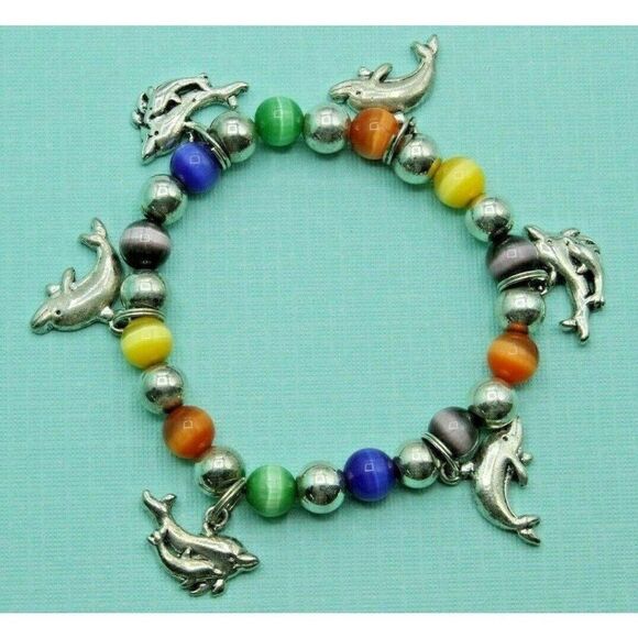 Beaded Bracelet Silver Tone DOLPHINS Multicolor S - Picture 1 of 2